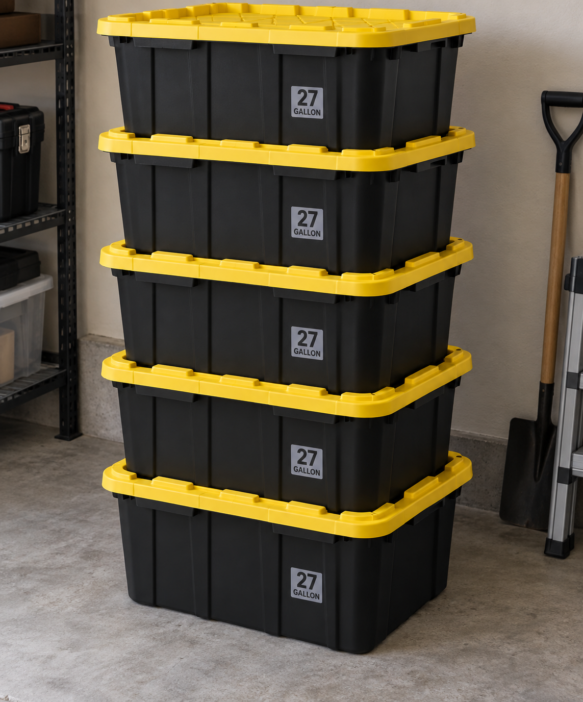 A stack of 27-gallon reusable Gateway moving bins with yellow lids