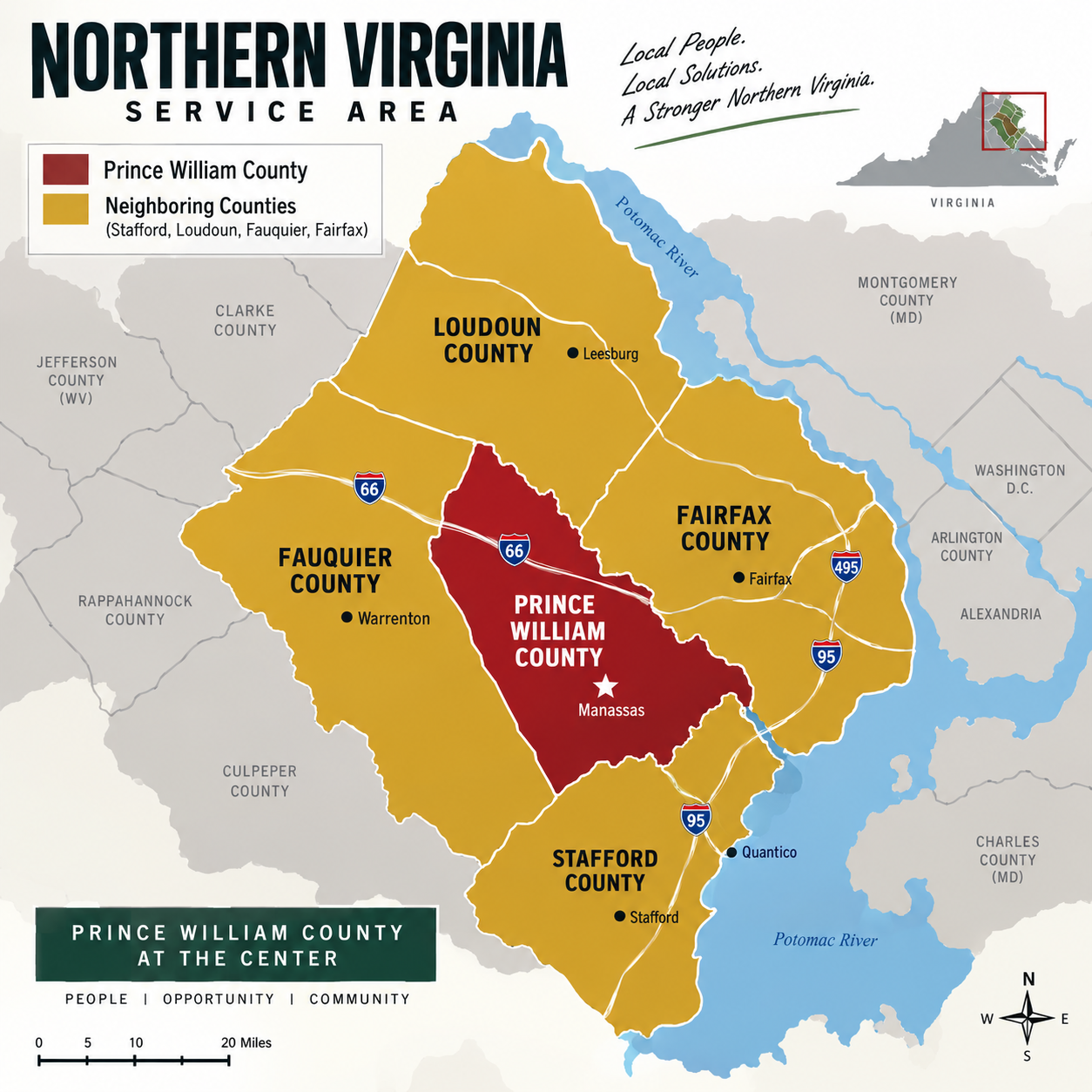 Map showing Gateway Hauling’s Northern Virginia service area, with Prince William County at the center and neighboring Fairfax, Loudoun, Fauquier, and Stafford counties highlighted