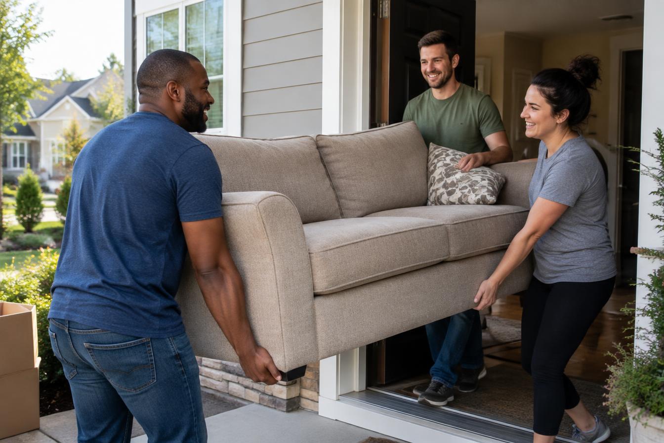 Friends helping carry a couch out of a home on moving day
